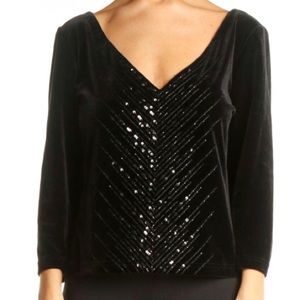 Adrianna Papell Black Velvet V- Neck Beaded Blouse